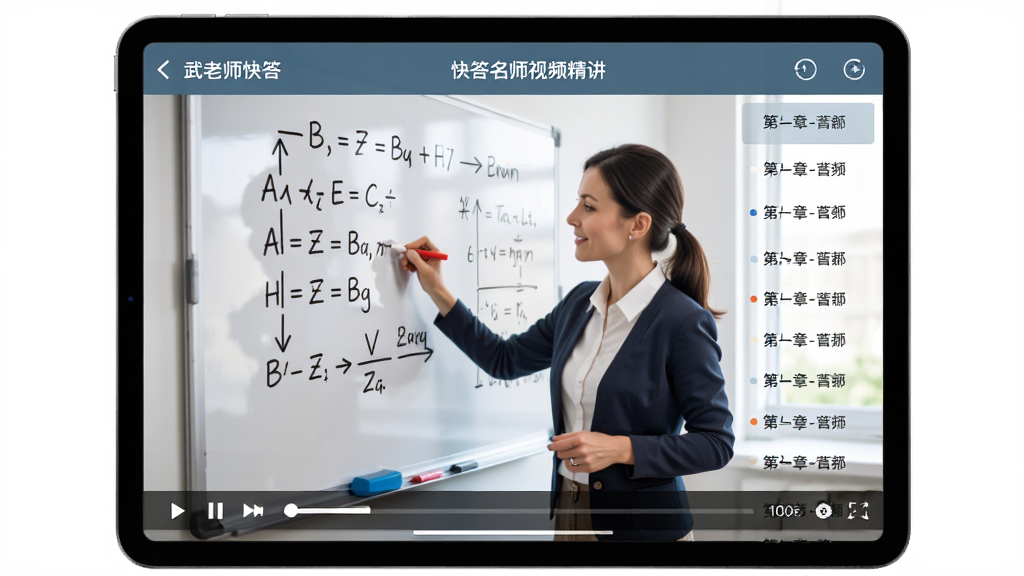 武老师快答名师视频精讲界面图,主体为平板电脑播放数学教学视频,画面中女教师正在白板上画图讲解,界面有播放控制条与章节列表,布局居中,风格清新教育风,细节丰富,画质高清干净,无多余元素