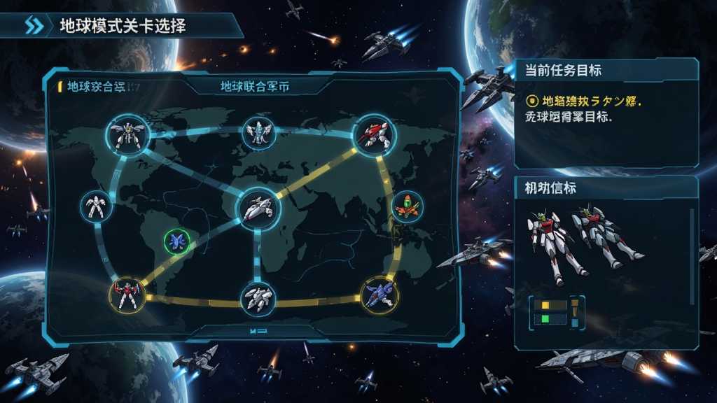 主体:剧情模式关卡选择界面,显示地球联合军路线地图,背景为宇宙战场。布局:地图上分布关卡节点,右侧显示当前任务目标与机体信息。排版:UI简洁,任务提示清晰,地图风格科幻。风格:日系动漫风格,色彩明亮。细节:地图上有机体小图标,背景有星球与战舰。画质:高清,干净,无多余元素。