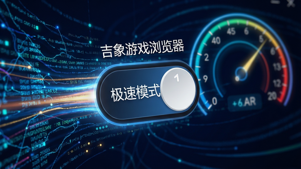 特写“吉象游戏浏览器”的极速模式开关界面,背景是动态的网络数据流和速度仪表盘,色彩明亮,构图简洁,强调速度感与流畅感,画质高清且干净。