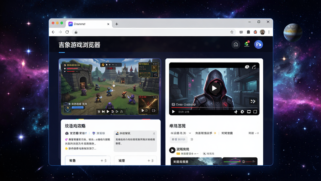 画面中央展示一个现代感十足的“吉象游戏浏览器”主界面,背景是炫酷的游戏宇宙星空,浏览器窗口内浮现出游戏攻略和视频,界面布局清晰,整体风格科技感与活力感并存,画质干净,无多余元素。