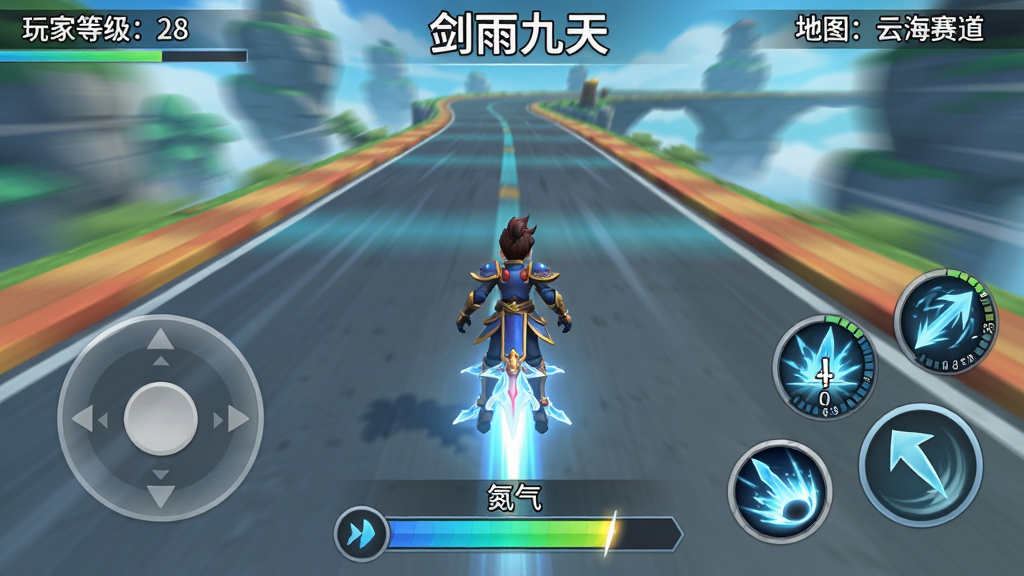 主体:剑雨九天(竞速福利版)游戏操作界面示意图,屏幕左侧显示虚拟摇杆,右侧显示技能按钮,下方有加速条,角色正在御剑飞行。布局:俯视角,画面中央为角色背影,前方是赛道,UI控件分布在四周,清晰可见。排版:左上角显示“玩家等级:28”,右上角显示“地图:云海赛道”,底部中央有“氮气”能量槽,技能图标依次排列在右侧。风格:简洁明了,UI风格与游戏内一致,背景为动态赛道,有模糊效果。细节:摇杆有半透明圆环,技能图标有冷却时间刻度,能量槽有渐变光效,整体画面干净无多余元素。画质:高清截图,UI清晰,色彩鲜艳,干净无噪点。