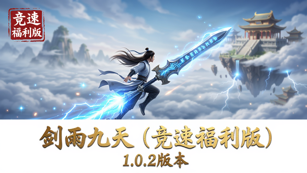 主体:剑雨九天(竞速福利版)游戏宣传图,一名修仙者脚踏飞剑,在云海之上极速飞行,身后拖曳着绚丽的蓝色光尾,前方可见悬浮的仙宫与缭绕的云雾。布局:中心构图,人物位于画面中央偏下,飞剑指向斜上方,视觉焦点集中在人物与剑光之上,背景为广阔的天空与云海,远处有模糊的仙山轮廓。排版:画面下方留白区域可放置游戏名称“剑雨九天(竞速福利版)”与“1.0.2版本”字样,采用烫金书法字体,左上角标注“竞速福利版”红色印章标识。风格:写实与国风结合,色彩明快,光影通透,强调速度感与仙侠意境。细节:飞剑剑身有流动的符文光效,人物衣袍与发丝随气流飘动,云层中隐约可见雷电与光点,整体画面干净无多余元素。画质:4K高清,细节丰富,光影自然,色彩饱和度高,干净无噪点。