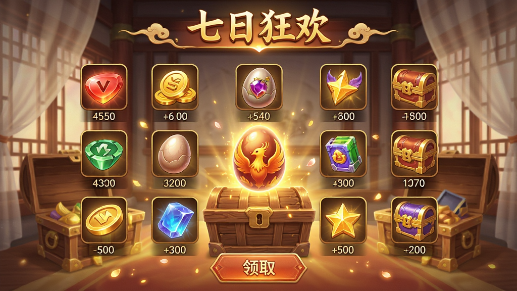 主体:剑雨九天(竞速福利版)游戏福利界面,展示丰富的奖励物品,包括仙玉、金币、坐骑蛋、装备箱等,排列在木质宝箱与金色光效中。布局:物品以网格状排列,中心位置是一枚发光的凤凰蛋,周围环绕着各种资源图标,背景是古风建筑的室内,有窗棂与纱幔。排版:界面顶部有“七日狂欢”金色标题,底部有“领取”按钮,物品下方有数字标记数量。风格:喜庆国风,暖色调为主,光效璀璨,强调丰收与福利感。细节:每件物品有精致图标,宝箱有木纹质感,光效粒子飘散,整体画面干净无多余元素。画质:高清UI渲染,色彩鲜艳,细节清晰,干净无噪点。