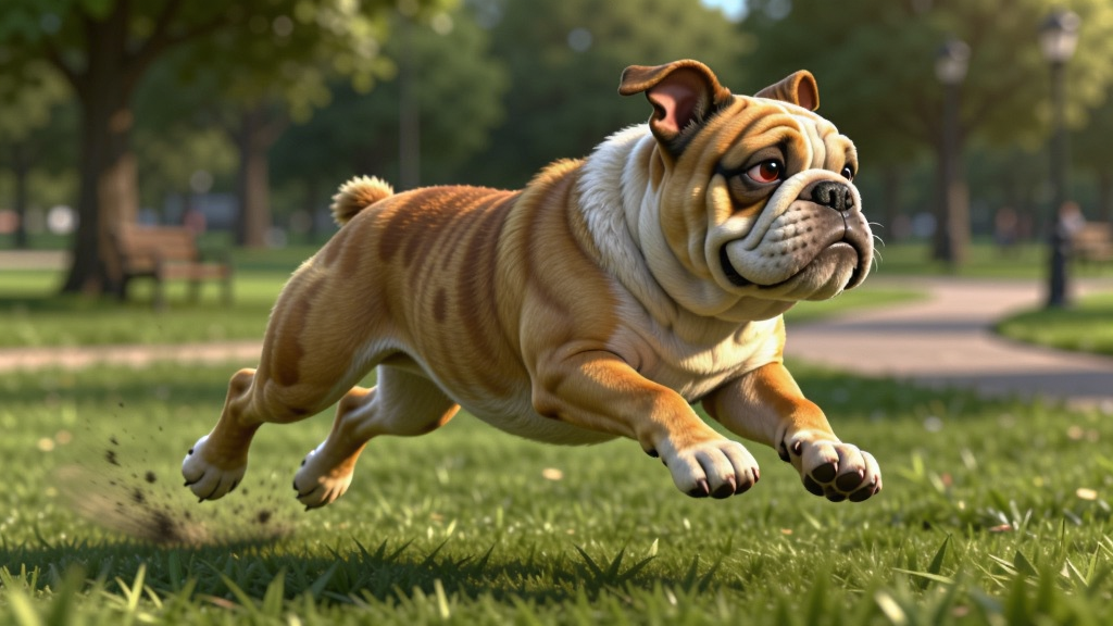 斗牛犬在公园草坪上奔跑跳跃,四蹄离地,身体微微倾斜,阳光洒在毛发上呈现金色光泽。背景是模糊的树木和步道,使用3D渲染写实风格,动作捕捉细节丰富,毛发纹理清晰可见。布局突出运动瞬间,画质细腻,干净无多余元素。