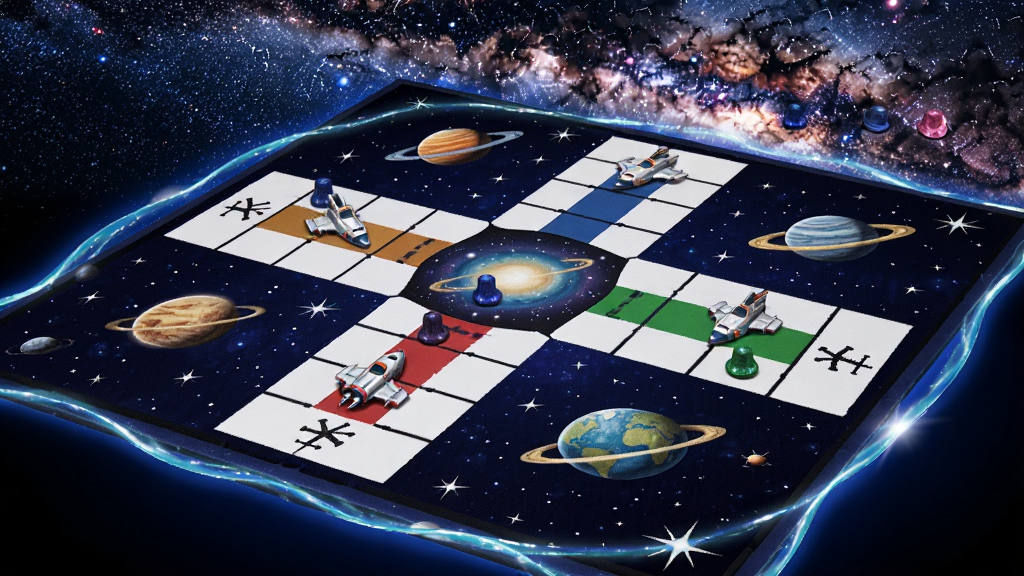 智慧飞行棋盘星空主题地图,棋盘以深蓝色为底色,点缀着闪烁的星星和星球,棋子设计成宇宙飞船造型,棋盘边缘有发光的光环,背景是浩瀚的银河,画面精美,色彩绚丽,画质高清,风格科幻