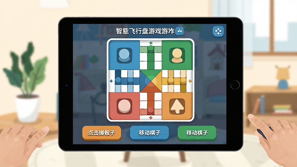 智慧飞行棋盘游戏操作界面示意图,画面展示了一个平板电脑上运行的游戏,屏幕上有清晰的按钮和提示框,显示“点击掷骰子”、“移动棋子”等操作指引,背景是简洁的室内环境,图片风格为扁平化设计,配色清新,画质清晰