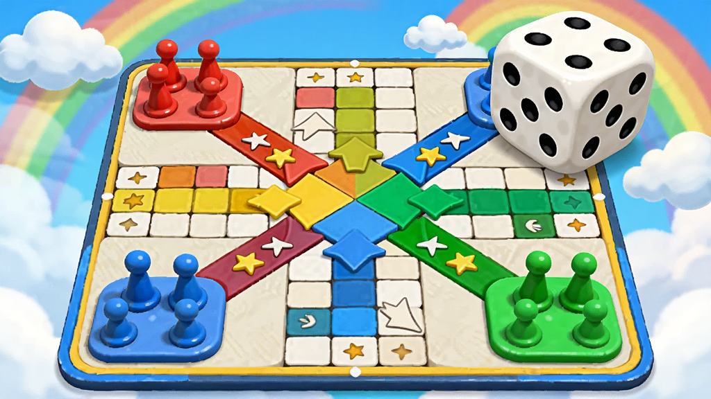 智慧飞行棋盘游戏主界面预览图,画面中心是一个色彩鲜艳的方形飞行棋盘,四角分布着红黄蓝绿四种颜色的棋子基地,棋盘格子上有箭头和星星装饰,右上角有一个巨大的骰子,周围有卡通风格的云朵和彩虹背景,界面简洁明亮,画质高清,干净无多余元素