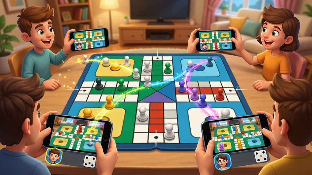智慧飞行棋盘多人对战场景,画面中四位玩家正在通过手机屏幕进行实时对战,棋盘上棋子正在移动,有彩色的轨迹特效,屏幕下方显示玩家头像和骰子点数,背景是温馨的客厅环境,布局清晰,风格卡通活泼,细节丰富,画质清晰