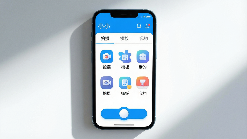 主体:一款名为“小小”的手机视频创作应用界面,手机屏幕显示主界面,包含“拍摄”、“模板”、“我的”等标签;布局:手机居中,屏幕内容清晰可见,周围有简单的光影效果;排版:手机屏幕上的界面元素排列整齐,图标和文字清晰;风格:现代简约风格,色彩明亮活泼,以蓝白色调为主;细节:屏幕左上角有“小小”字样,底部功能按钮圆润;画质:4K超清,干净,无多余元素。