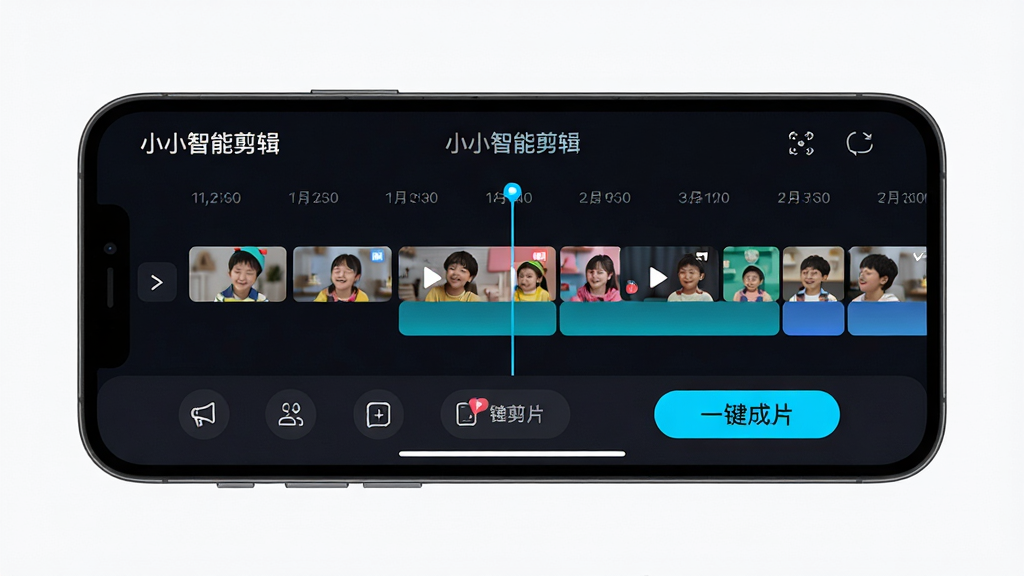主体:手机屏幕展示“小小”应用的智能剪辑功能界面,显示时间轴和自动剪辑按钮;布局:手机横屏展示,屏幕内有视频片段缩略图和“一键成片”按钮;排版:界面布局清晰,功能按钮集中在底部,时间轴在上方;风格:科技感与简约风结合,深色背景配亮色按钮;细节:屏幕上有“小小智能剪辑”文字,时间轴上有彩色片段标记;画质:高清,干净,无多余元素。