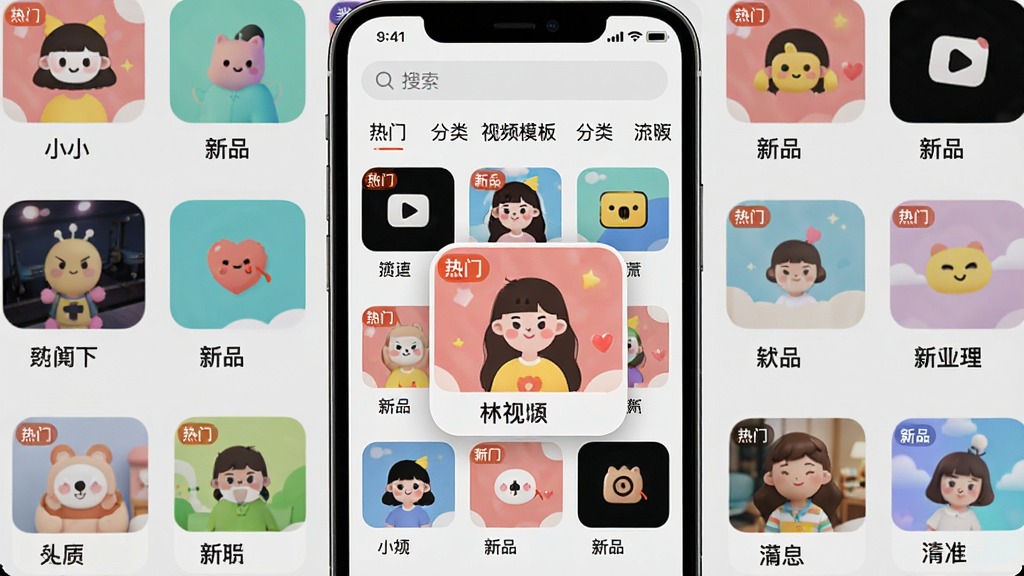 主体:展示“小小”应用内海量视频模板的页面,屏幕上布满各种风格的小图标;布局:手机屏幕内以网格形式排列多个模板缩略图,每个缩略图下方有名称;排版:页面顶部有搜索栏,分类标签横向排列;风格:清新活泼,色彩丰富,背景为浅灰色;细节:缩略图上有“热门”、“新品”标签,其中一个模板被放大显示;画质:清晰,干净,无多余元素。