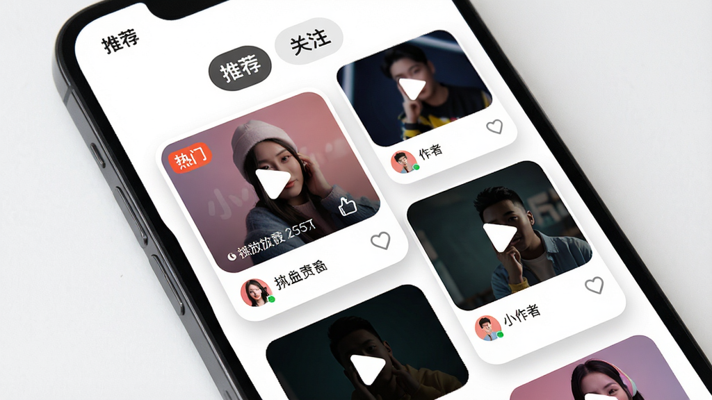 主体:手机屏幕展示“小小”应用社区页面,显示多个视频卡片和点赞评论按钮;布局:瀑布流布局,卡片大小不一,错落有致;排版:顶部有“推荐”、“关注”标签,卡片底部有头像和作者名;风格:活泼时尚,卡片圆角,阴影自然;细节:某卡片上有“热门”标志,播放量显示清晰;画质:高清,干净,无多余元素。