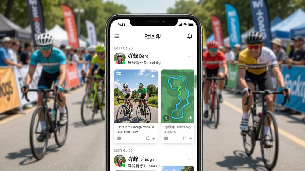 手机界面展示轮峰骑行App的社区页面,有用户发布的骑行照片和轨迹分享卡片,背景是热闹的骑行活动场景,主体为社区内容流,布局清晰,风格活泼,细节丰富,画质干净,无多余元素。