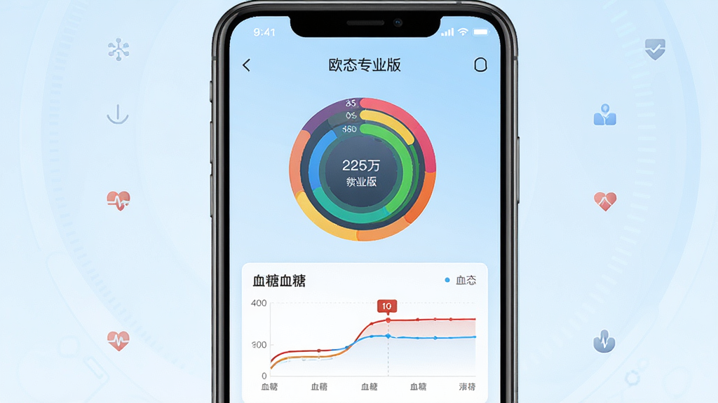 画面主体为智能手机屏幕展示欧态专业版主界面,界面中央显示彩色健康数据环形图表与血糖曲线,背景为简洁的浅蓝色渐变,布局采用居中对称,风格现代科技感,细节包括界面上的“欧态专业版”字样与数据标签,画质高清干净,无多余元素。