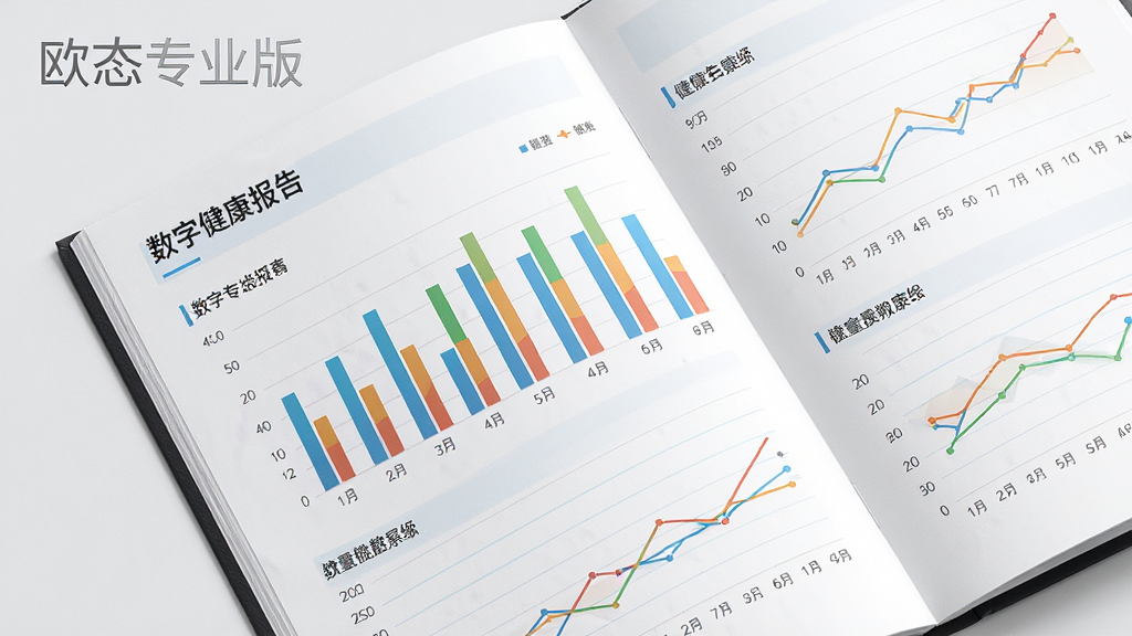 主体为一份展开的数字健康报告,页面包含彩色柱状图与折线图,左上角有“欧态专业版”水印,布局为俯拍视角,风格商务简约,细节清晰,画质高清,无多余元素。