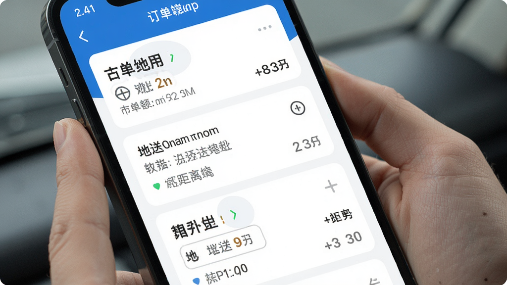 图片展示骑手众包秒送APP抢单界面,主体为手机屏幕上的订单卡片,布局为卡片列表形式,风格清晰直观,细节包括订单金额、取送地址、距离等文字信息,画质高清,干净明亮,无多余元素