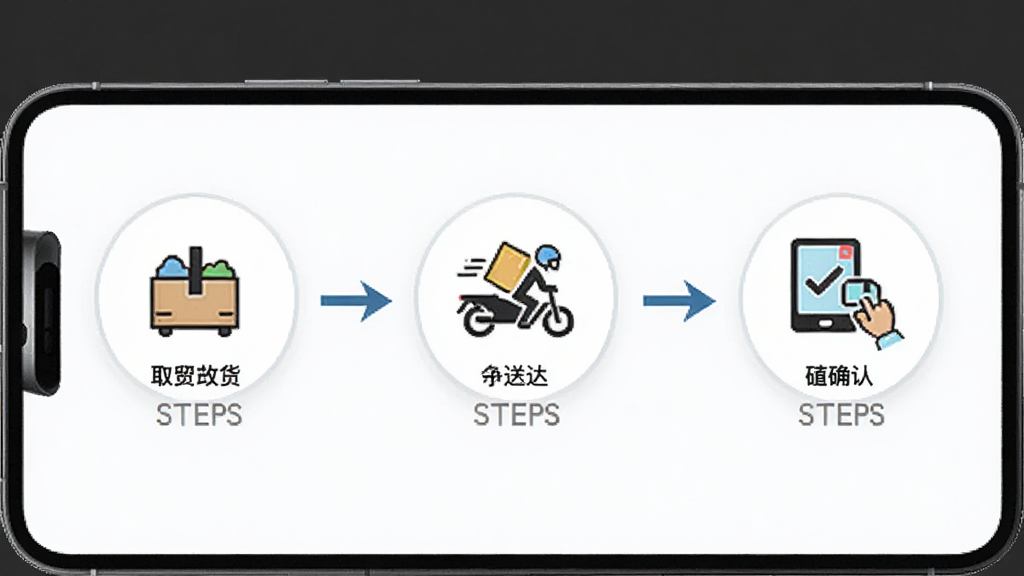 图片展示骑手众包秒送APP的配送流程示意图,主体为手机屏幕上的步骤图标,布局为横向流程,风格简洁明确,细节包括取货、送达、确认等步骤,画质清晰,无多余元素