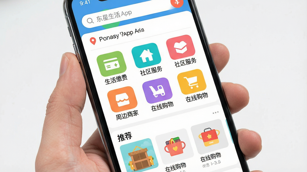 һ�������ֻ���Ļչʾ��������App�����棬���涥��Ϊ�������Ͷ�λ��Ϣ���м��ǹ���ͼ�����񲼾֣�����������ɷѡ������������񡱡����ܱ��̼ҡ��������߹���Ȳ�ɫͼ�꣬�·����Ƽ���Ʒ��Ƭ���������ɾ����࣬������ñ�ƽ����Ʒ��ɫ�����죬���ʸ��壬����ϸ�ڷḻ���޶���Ԫ�ء�