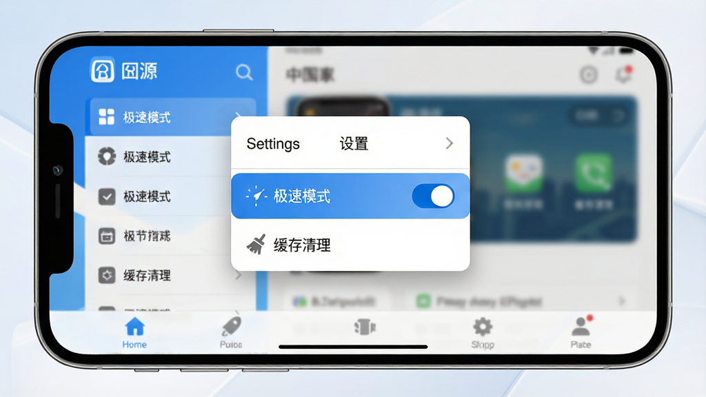 主体:手机横屏显示源应用的主界面,屏幕上弹出“设置”菜单,包含“极速模式”和“缓存清理”选项。布局:界面左侧为功能列表,右侧为内容预览,底部有导航栏。排版:清晰明了,图标与文字搭配。风格:简洁现代,使用蓝色主题色。细节:高亮显示“极速模式”开关,背景有模糊处理。画质:高清,干净,无多余元素。