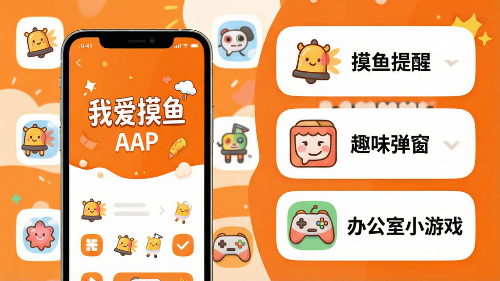 主体:手机屏幕展示「我爱摸鱼」APP界面,界面风格活泼可爱,主色调为明快的橙色和白色。布局:左侧为手机实体,右侧为放大的功能列表,列表包含“摸鱼提醒”、“趣味弹窗”、“办公室小游戏”等图标。排版:手机界面居中,功能列表环绕四周,整体构图平衡。风格:扁平化插画风格,色彩明亮,细节丰富。画质:高清,干净,无多余元素。文字:“我爱摸鱼”APP预览图。