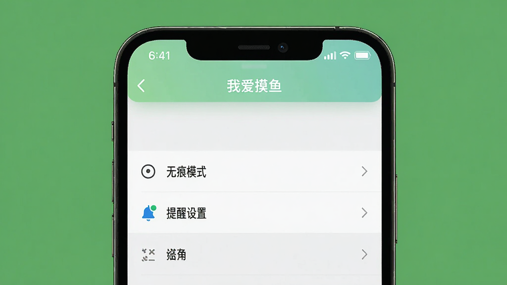 主体:手机屏幕展示「我爱摸鱼」的设置界面,包含“无痕模式”、“提醒设置”等选项。布局:设置界面居中,背景为纯色。排版:选项列表清晰。风格:简洁设计。画质:高清。文字:“我爱摸鱼”设置界面。
