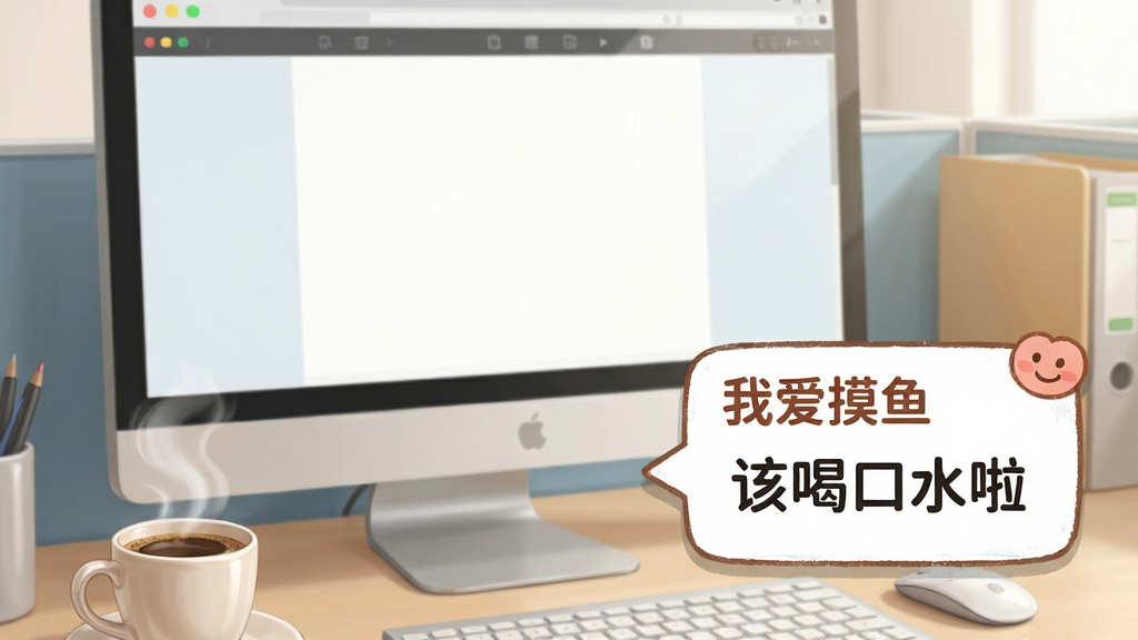 主体:电脑桌面右下角弹出「我爱摸鱼」的趣味提醒气泡,气泡内文字为“该喝口水啦”。布局:背景为办公室工位,电脑屏幕占据画面主要位置,提醒气泡位于屏幕右下角,旁边有一杯冒着热气的咖啡。排版:画面简洁,突出提醒气泡。风格:写实与插画结合,色彩柔和。画质:高清,干净,无多余元素。文字:“我爱摸鱼”提醒功能预览。