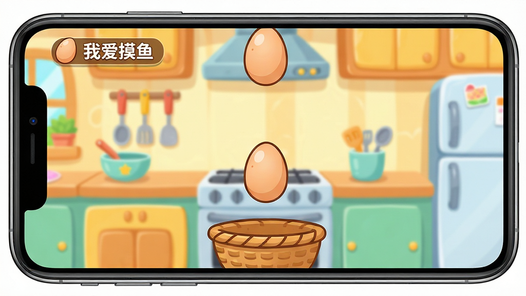 主体:手机屏幕展示「我爱摸鱼」内置小游戏“接鸡蛋”的界面,鸡蛋从屏幕上方掉落,下方有篮子接住。布局:游戏界面占满手机屏幕,背景为卡通风格的厨房。排版:游戏元素居中,得分显示在左上角。风格:卡通2D风格,色彩明亮。画质:高清,干净,无多余元素。文字:“我爱摸鱼”小游戏预览。