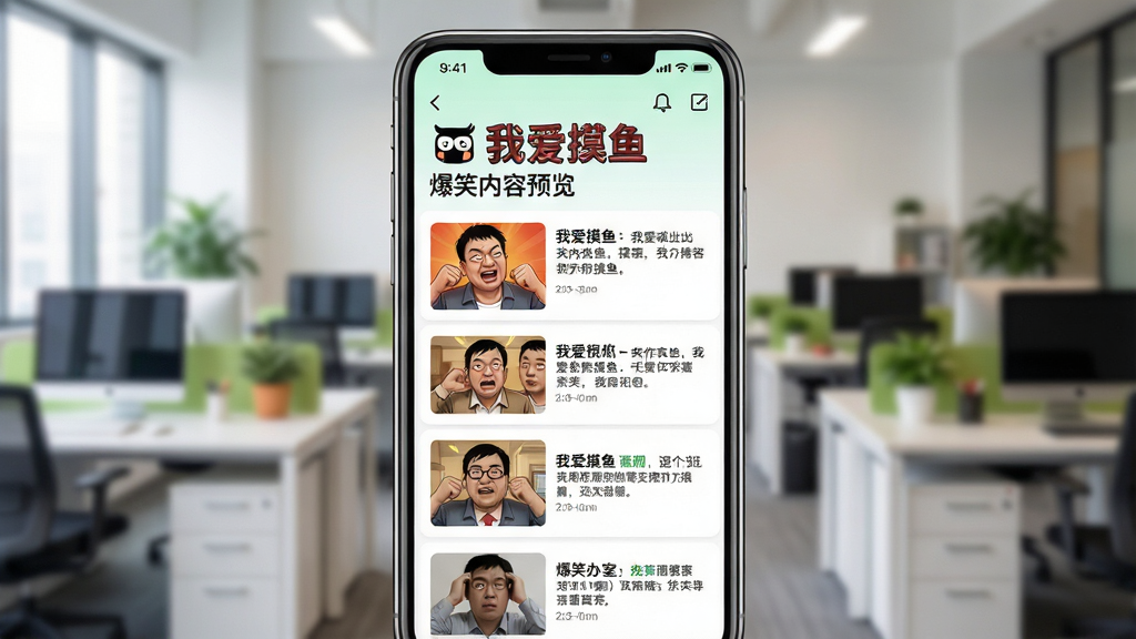 主体:手机屏幕展示「我爱摸鱼」的“爆笑办公室”内容列表,列表项包含搞笑图片和段子标题。布局:手机居中,屏幕内容清晰可见,背景为模糊的办公室环境。排版:列表从上到下依次排列,每个条目带有缩略图。风格:轻快活泼的UI设计,色彩鲜艳。画质:高清,干净,无多余元素。文字:“我爱摸鱼”爆笑内容预览。