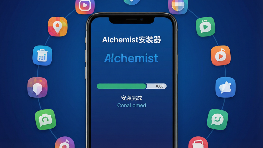 主体:Alchemist安装器应用界面展示,手机屏幕中央显示安装进度条与“安装完成”提示,背景为简洁的深蓝色渐变,周围环绕着代表各类应用的五彩图标,布局:界面居中,图标呈圆形环绕排列,上方有“Alchemist安装器”字样,排版:左右对称,重点突出安装成功状态,风格:现代扁平化设计,色彩明快,细节:界面干净,无多余元素,画质:高清,干净,无多余元素。