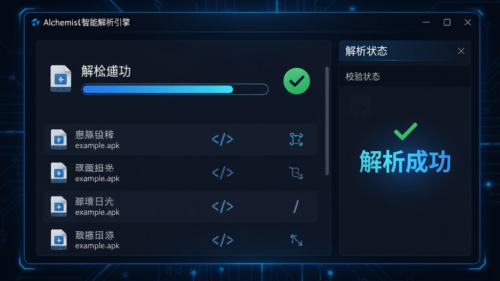 主体:Alchemist安装器的智能解析引擎界面,屏幕显示正在解析“example.apk”文件,解析进度条快速前进,旁边有绿色对勾表示校验通过,布局:左侧为文件信息列表,右侧为解析状态面板,排版:清晰分区,重点高亮“解析成功”字样,风格:科技感,深色背景配蓝色光效,细节:代码与图标元素点缀,画质:高清,干净,无多余元素。