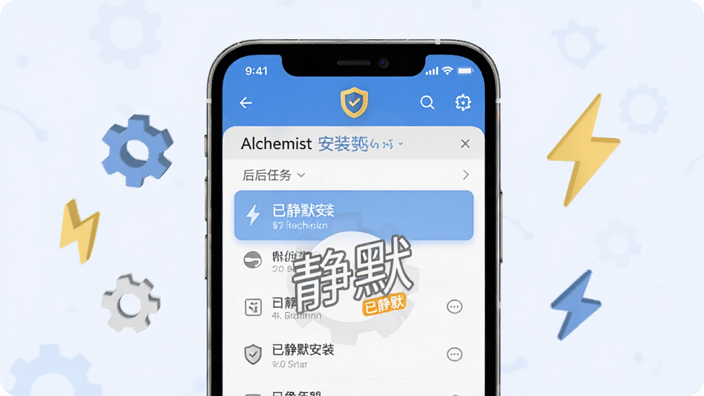 主体:Alchemist安装器的静默安装模式示意,手机屏幕显示后台任务列表,其中一项标注“已静默安装”,布局:手机居中,周围有齿轮与闪电图标,排版:简洁,突出“静默”特性,风格:清爽,浅色背景,细节:状态栏有盾牌图标表示安全,画质:干净,无多余元素。