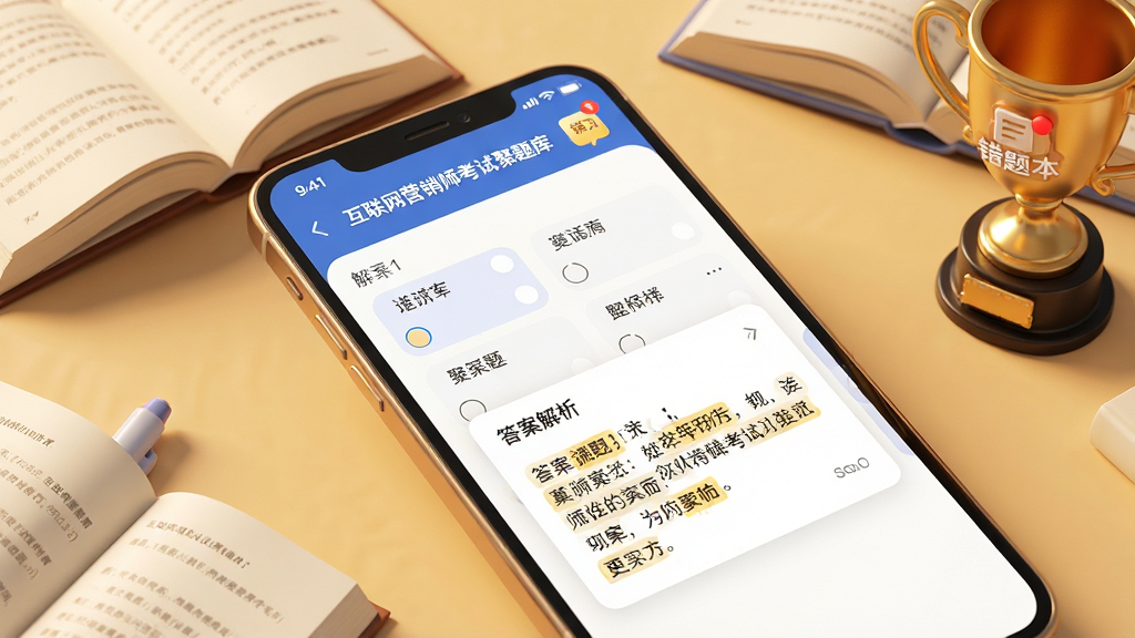 主体:手机界面展示“互联网营销师考试聚题库”的智能刷题功能,屏幕上有选择题和答案解析卡片,右上角显示“错题本”图标。布局:手机斜放,周围有散落的书本和奖杯模型,体现学习成就。排版:屏幕内容从上到下依次为题目、选项、解析,层次分明。风格:3D渲染风格,暖色调,科技感。细节:解析卡片有高亮关键词,错题本图标带红点提示。画质:超清,干净,无多余元素。