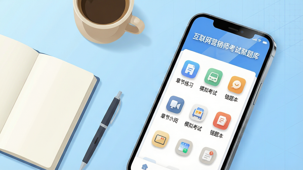 主体:一部智能手机屏幕显示“互联网营销师考试聚题库”应用界面,界面内有章节练习、模拟考试、错题本等图标,背景是浅蓝色渐变,手机旁边放有笔记本和咖啡杯。布局:手机居中偏右,左侧留白放置书本和笔,整体呈对角线构图。排版:界面图标整齐排列,文字清晰,标题“互联网营销师考试聚题库”位于屏幕顶部居中。风格:现代扁平化插画风,色彩明快,干净清爽。细节:图标带细微阴影,手机屏幕有微弱反光,背景有淡淡的网格纹理。画质:高清渲染,干净,无多余元素。