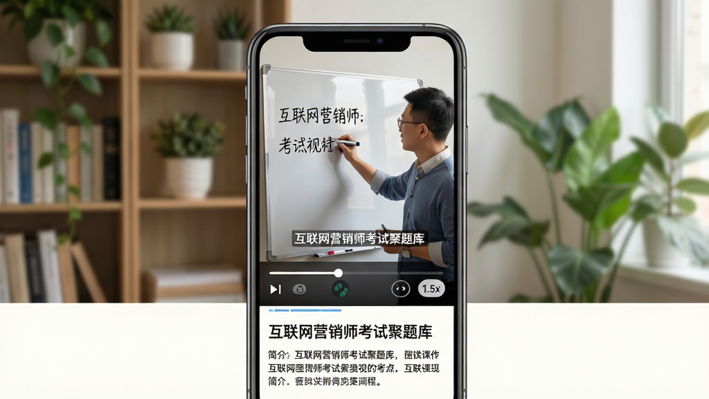 主体:手机竖屏播放“互联网营销师考试聚题库”考点视频,画面中老师正在白板上书写关键词,下方有进度条和倍速按钮。布局:手机居中,背景是书架和绿植,营造学习场景。排版:视频占屏幕上方三分之二,下方是课程标题和简介。风格:半扁平化设计,自然光线,温馨感。细节:视频画面有字幕,进度条有缓存标记,倍速按钮显示“1.5x”。画质:清晰,干净,无多余元素。