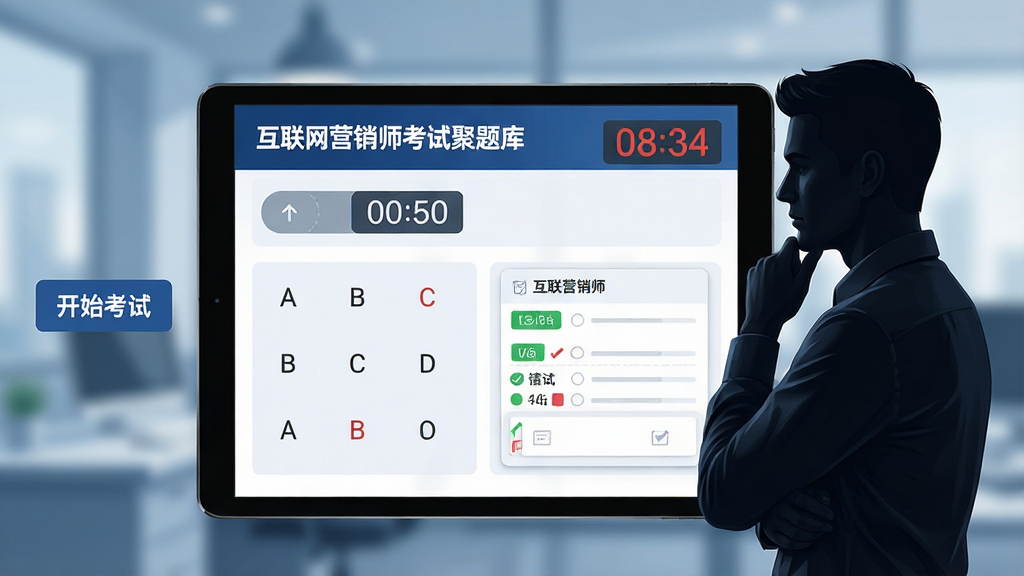 主体:平板电脑横屏显示“互联网营销师考试聚题库”的模拟考试界面,屏幕上有一个倒计时器和答题卡,旁边站着一位正在思考的考生剪影。布局:平板居中,考生位于右侧,左侧有“开始考试”按钮。排版:界面简洁,选项采用A/B/C/D排列,倒计时位于右上角。风格:写实插画风格,冷色调,专业氛围。细节:答题卡上有绿色和红色标记,倒计时数字醒目,背景模糊处理。画质:高清,干净,无多余元素。