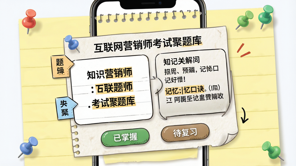 主体:手机屏幕显示“互联网营销师考试聚题库”的速记卡片,卡片正面是知识点关键词,背面是解释和记忆口诀,底部有“已掌握”和“待复习”按钮。布局:卡片居中,背景是淡黄色便签纸纹理,周围有彩色图钉。排版:卡片翻转动画,文字排版整齐,重点词加粗。风格:手绘涂鸦风格,活泼有趣。细节:卡片角落有标签分类,按钮有按压效果,整体有纸张质感。画质:高分辨率,干净,无多余元素。