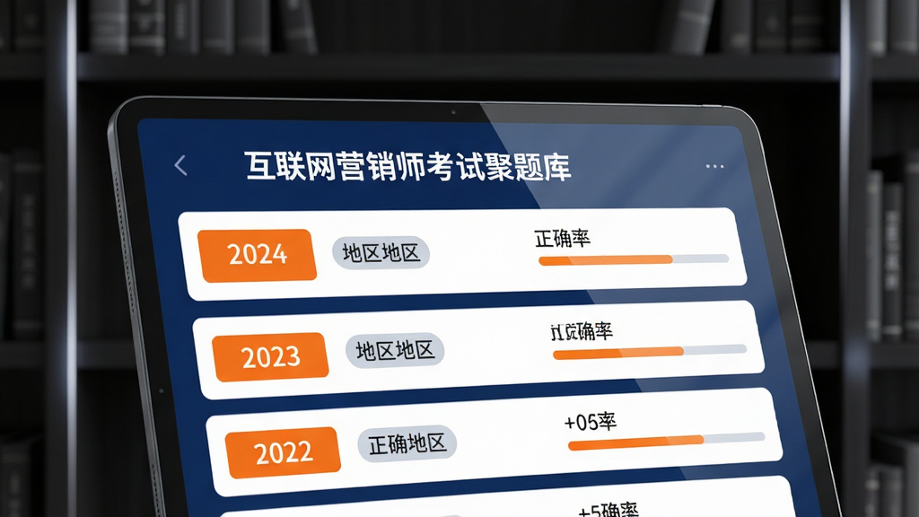 主体:书架前放着一台平板,屏幕显示“互联网营销师考试聚题库”的真题列表,每行有年份、地区标签和正确率统计。布局:平板略倾斜,背景是深色书架,书本模糊处理。排版:列表采用卡片式,年份用橙色高亮,正确率用进度条显示。风格:商务简约风,深蓝主色调。细节:屏幕有反光效果,书架边缘有柔光,整体沉稳专业。画质:4K渲染,干净,无多余元素。