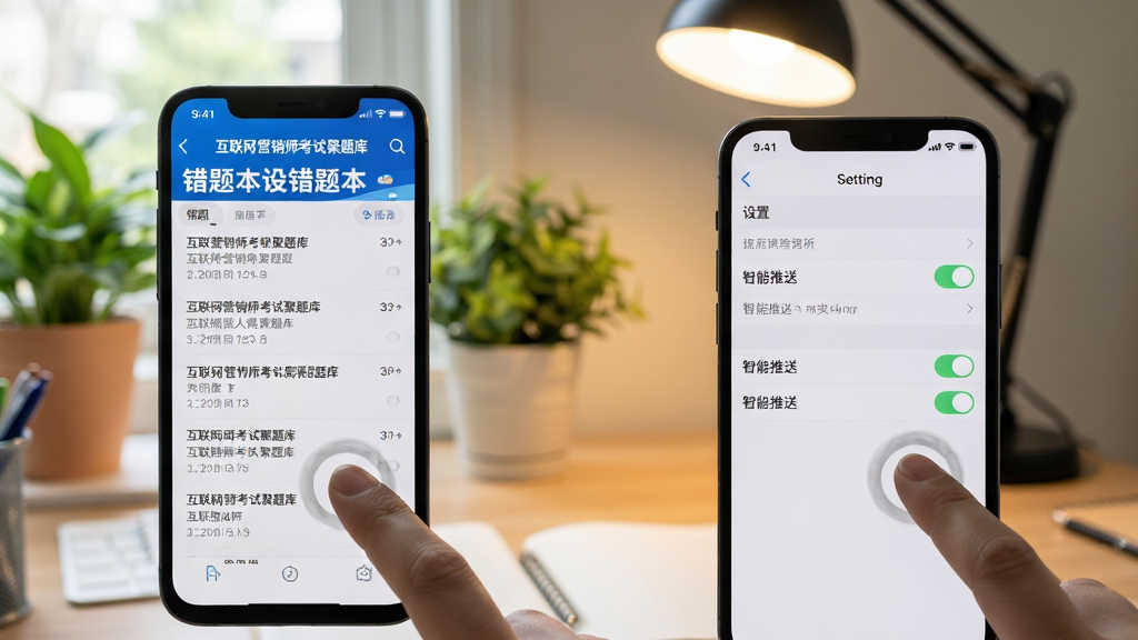 主体:两部手机并排,左侧显示“互联网营销师考试聚题库”的错题本界面,右侧显示设置菜单,背景是书桌和台灯。布局:手机左右排列,中间有间隔,背景有绿植点缀。排版:左侧错题列表清晰,右侧设置选项带开关。风格:写实摄影风格,自然光线。细节:屏幕上有手指点击的轨迹,设置菜单有“智能推送”开关。画质:高清晰度,干净,无多余元素。