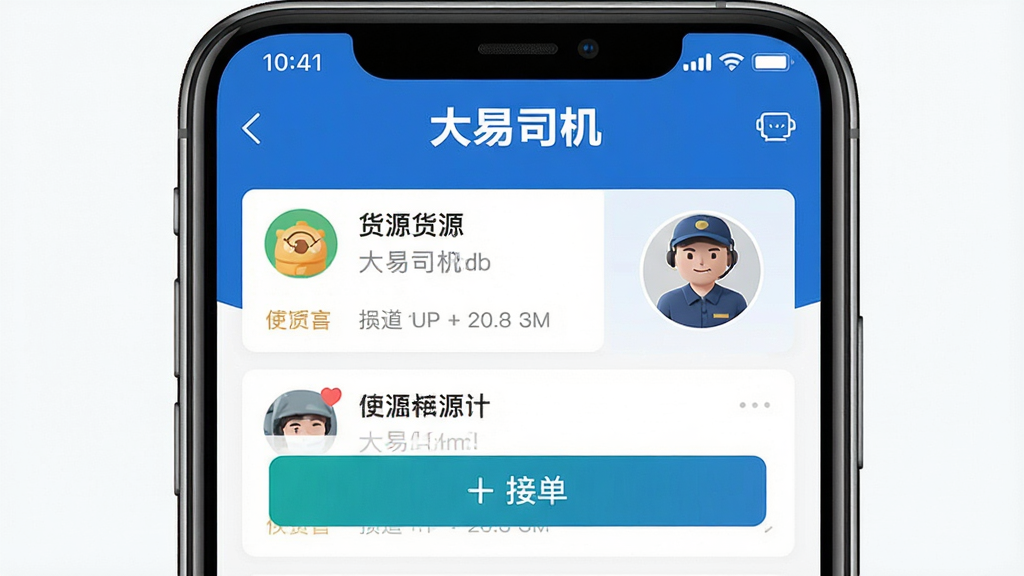一张展示大易司机APP在手机屏幕上运行的界面截图,主体为APP主界面,显示货源列表、接单按钮和司机头像,布局清晰,上方有“大易司机”字样,风格写实,细节丰富,画质高清干净,无多余元素