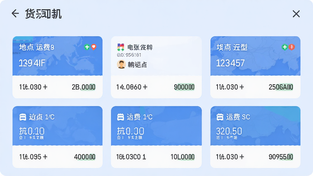 大易司机APP的货源列表页面,展示多条货运订单卡片,包含起终点、货物类型、运费金额,背景为淡蓝色,界面简洁,卡片排列整齐,风格扁平化,细节清晰,画质干净,无多余元素