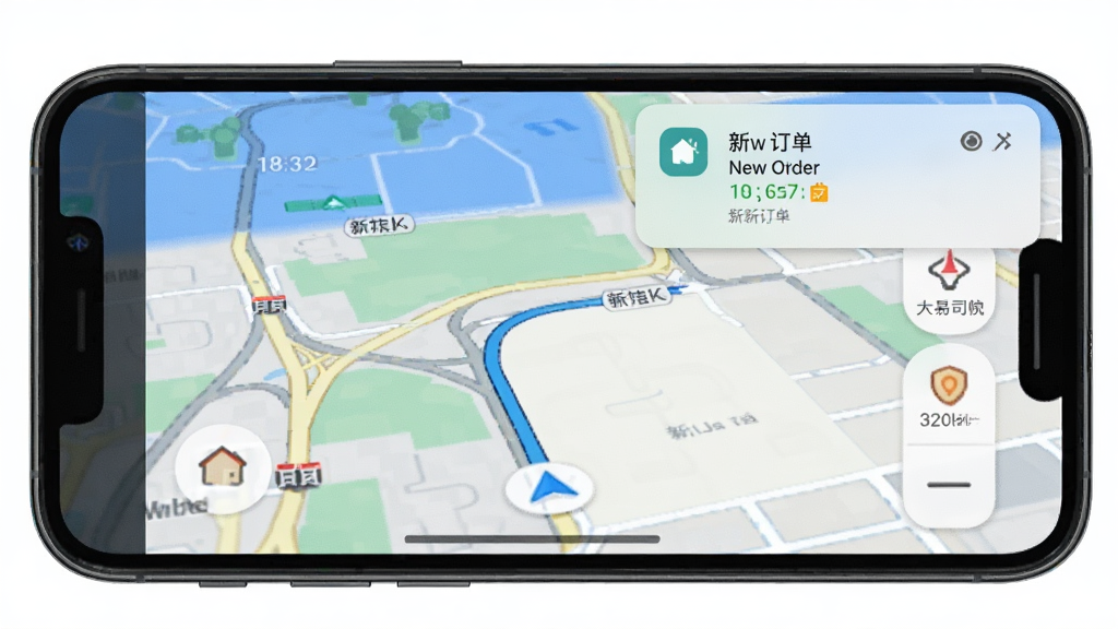 一张显示大易司机APP在手机后台运行的截图,手机屏幕显示地图导航界面,旁边有通知栏提示新订单,风格写实,布局合理,细节清晰,画质干净,无多余元素