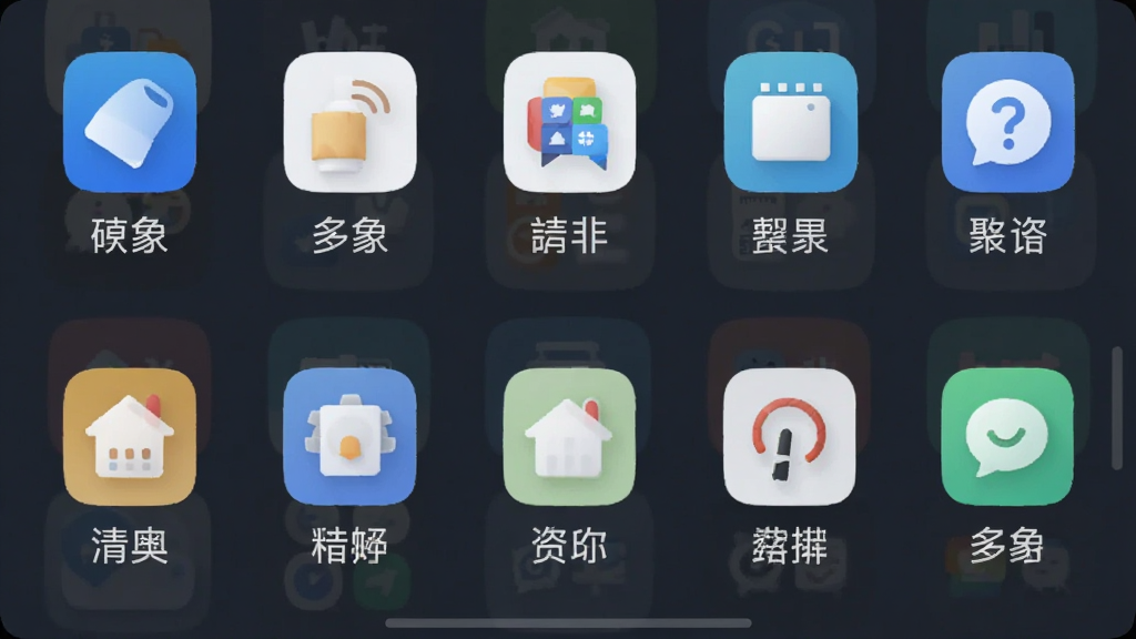 多象app多功能聚合面板截图,展示网格状工具图标,每个图标下方有中文标签,整体色调清新,布局规整,风格简洁,细节清晰,画质干净