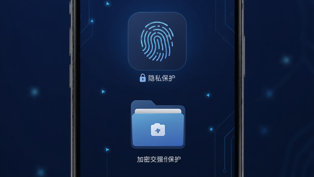 多象app安全隐私保护界面,显示指纹解锁图标和加密文件夹样式,背景为深蓝色,主体居中,风格科技感,细节精致,画质干净