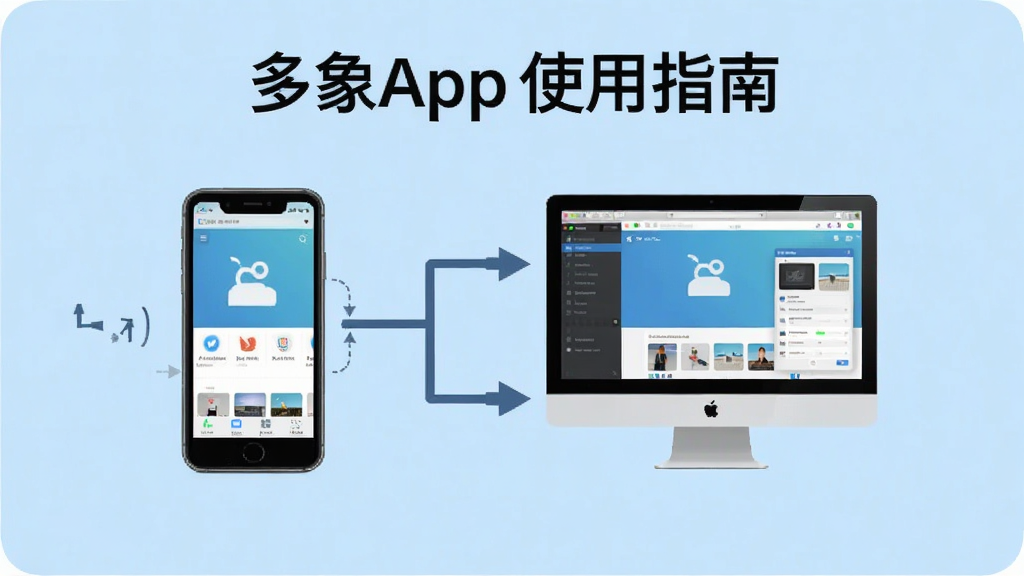 多象app使用指南图示,展示手机与电脑连接图标,背景为浅蓝色,布局简洁,风格教育性,细节清晰,画质干净