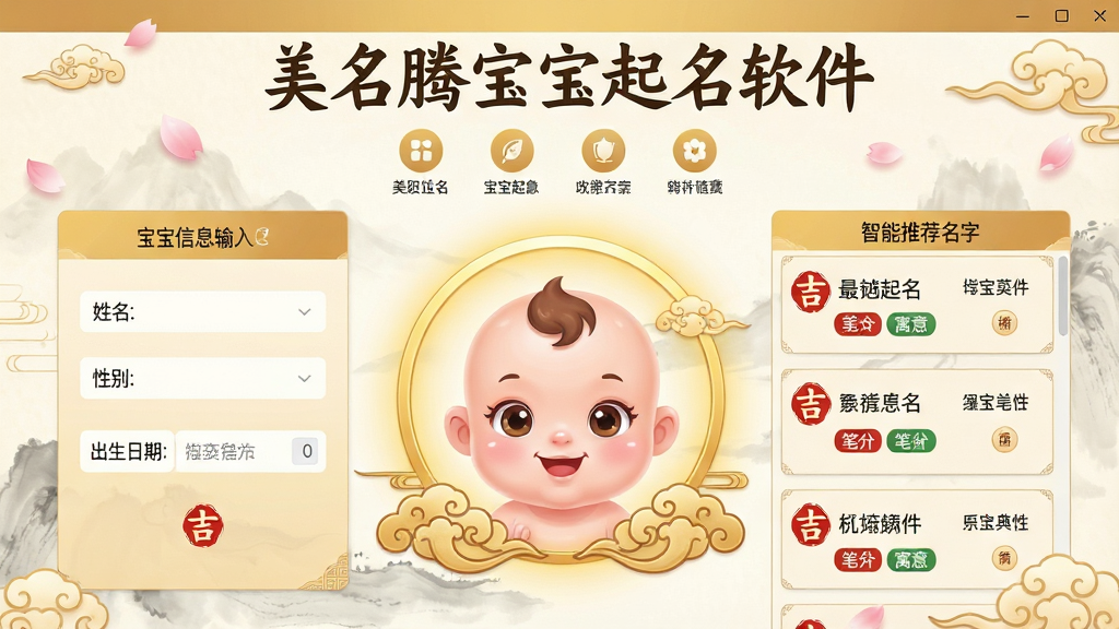 主体:美名腾宝宝起名软件界面展示,画面中央是一个可爱的卡通宝宝头像,周围环绕着金色光环与古典云纹装饰。布局:界面采用左右对称设计,左侧为宝宝信息输入区(含姓名、性别、出生日期),右侧为智能推荐名字列表,每个名字附带五行、笔画、寓意标签。排版:顶部为软件名称“美名腾宝宝起名软件”艺术字,下方功能图标整齐排列,整体层次分明。风格:融合中国传统文化元素与现代扁平化设计,色彩以暖金色和米白为主,搭配淡雅水墨背景。细节:名字卡片上有“吉”字印章装饰,背景飘落花瓣与祥云,画面干净唯美。画质:4K超清,柔和光线,无多余元素,适合作为软件宣传主视觉。
