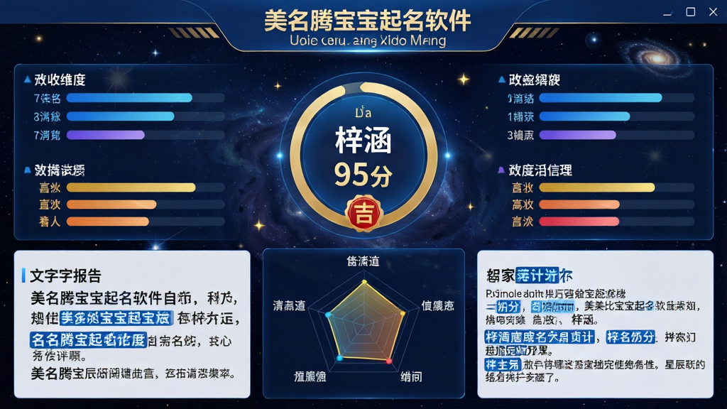 主体:美名腾宝宝起名软件的打分评测界面,中央显示一个名字“梓涵”的评分圆环(95分),周围环绕五大维度评分条形图。布局:上方为名字大标题与拼音,下方为雷达图与文字报告。排版:数据可视化图形化展示,报告文字分段清晰,重点用蓝色高亮。风格:科技蓝与金色搭配,背景为星空宇宙图案,寓意名字如星辰闪耀。细节:圆环上有“吉”字印章,雷达图各维度颜色不同,画面干净专业。画质:高清,光影层次丰富,无多余元素。