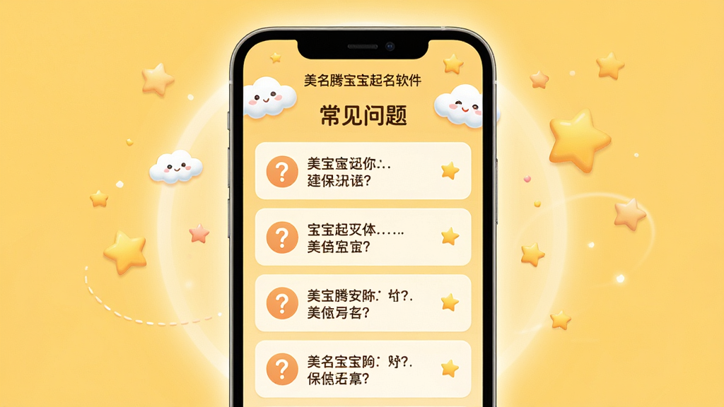 主体:美名腾宝宝起名软件的问答专区界面,画面显示一个手机屏幕,屏幕上有“常见问题”列表,背景为暖黄色。布局:手机居中,屏幕内容清晰可读,四周有柔和光晕。排版:问题列表以问答形式呈现,每个问题前有问号图标。风格:温馨可爱,搭配云朵和星星装饰,色彩明亮。细节:屏幕上有“美名腾宝宝起名软件”字样,画面干净无多余元素。画质:高清,柔和光线,适合作为帮助中心配图。
