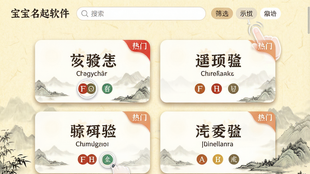 主体:美名腾宝宝起名软件的名字推荐界面,以瀑布流形式展示多个名字卡片,每个卡片包含名字、拼音、五行、寓意图标。布局:卡片两列排列,背景为淡黄色宣纸纹理,上方搜索栏与筛选标签。排版:名字大号字体居中,下方小字注释,卡片圆角带阴影。风格:清新淡雅,水墨山水画点缀,整体温馨亲切。细节:热门名字卡片右上角有“热门”红色标签,手指滑动屏幕的动效,画面干净整洁。画质:高清,色彩柔和,无杂乱元素。