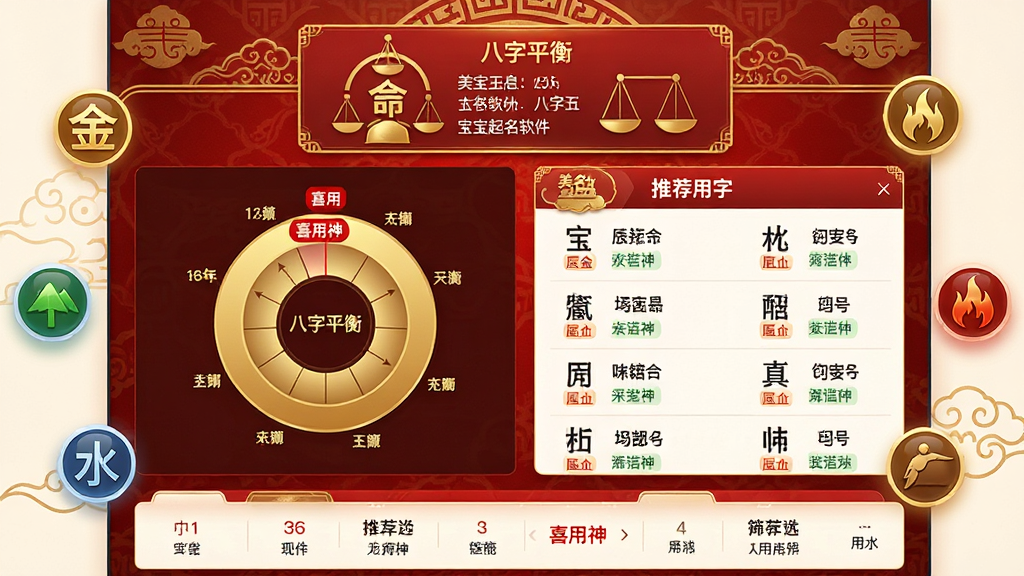 主体:美名腾宝宝起名软件的八字五行分析界面,左侧显示宝宝生辰八字与五行统计图(金色圆环图),右侧展示推荐用字列表,每个字标注五行属性。布局:上下结构,上方为命盘信息卡片,下方为用字筛选区。排版:数据可视化图表清晰,文字说明简洁,重点用红色标出“喜用神”。风格:红金配色,传统吉祥纹样背景,现代科技感与古典韵味结合。细节:屏幕上有“八字平衡”字样,四周漂浮五行图标(金木水火土),画面干净明亮。画质:高清细腻,色彩饱满,无多余装饰。