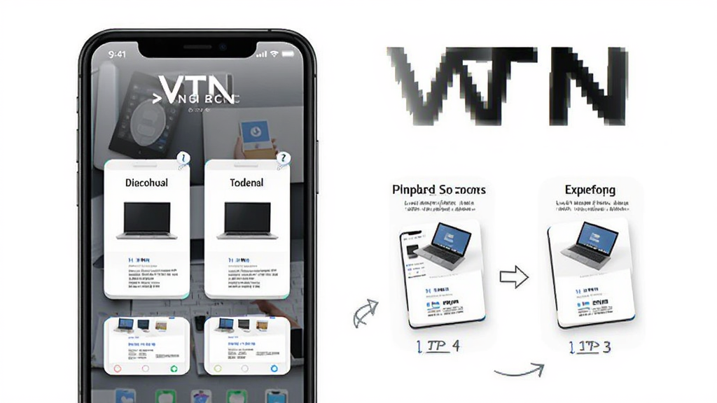 VTN使用教程示意图,手机展示购物流程步骤,背景为简洁白色,配有“VTN”字样,布局分步展示,画质清晰,干净无多余元素